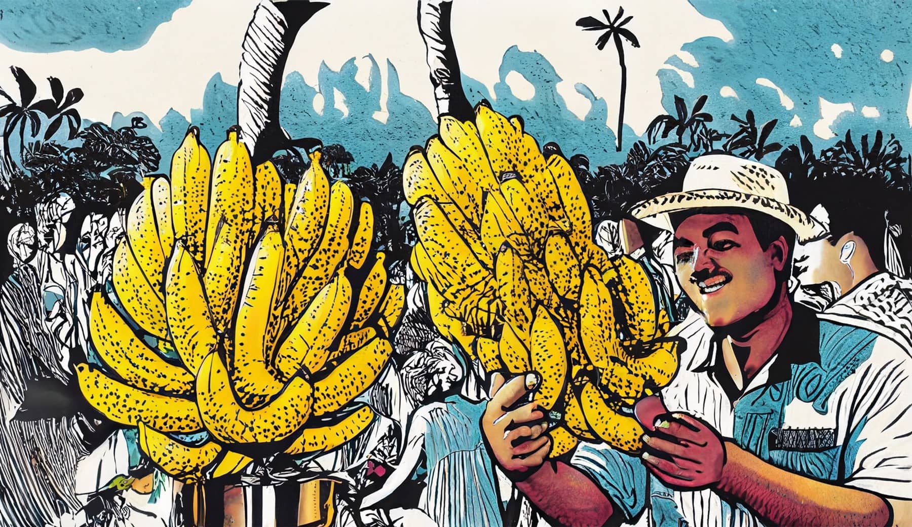 Illustration of a man selling banana bunches