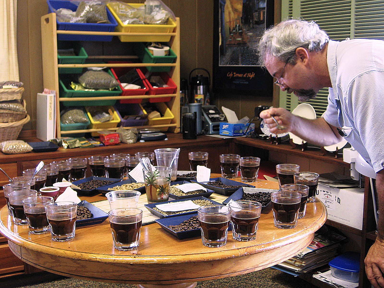 Coffee cupping to evaluate coffee flavor and aroma and maintain quality control.