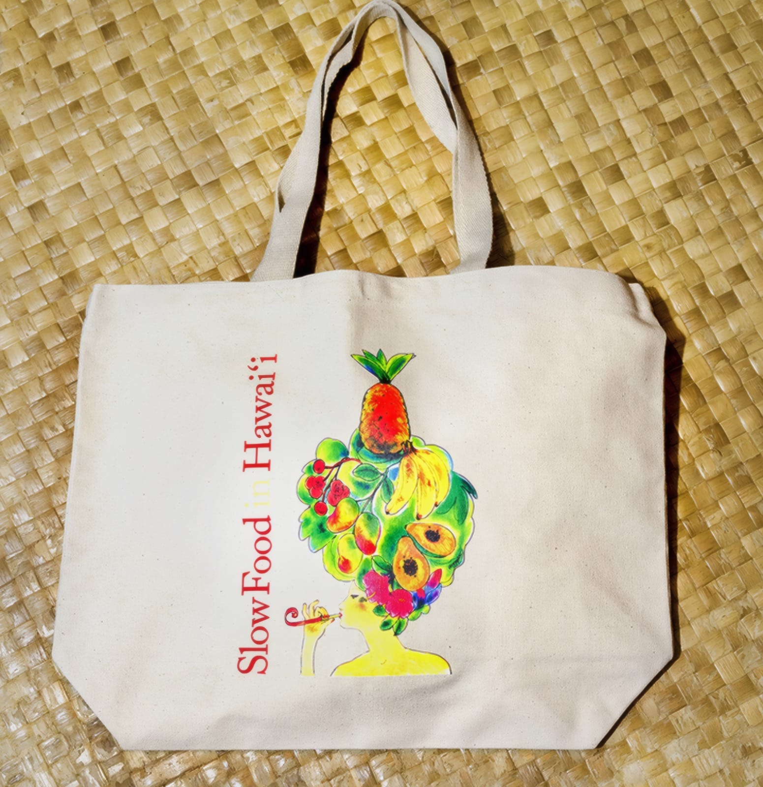 Pegge Hopper Fruit Head Bag with joyful tropical fruit illustration
